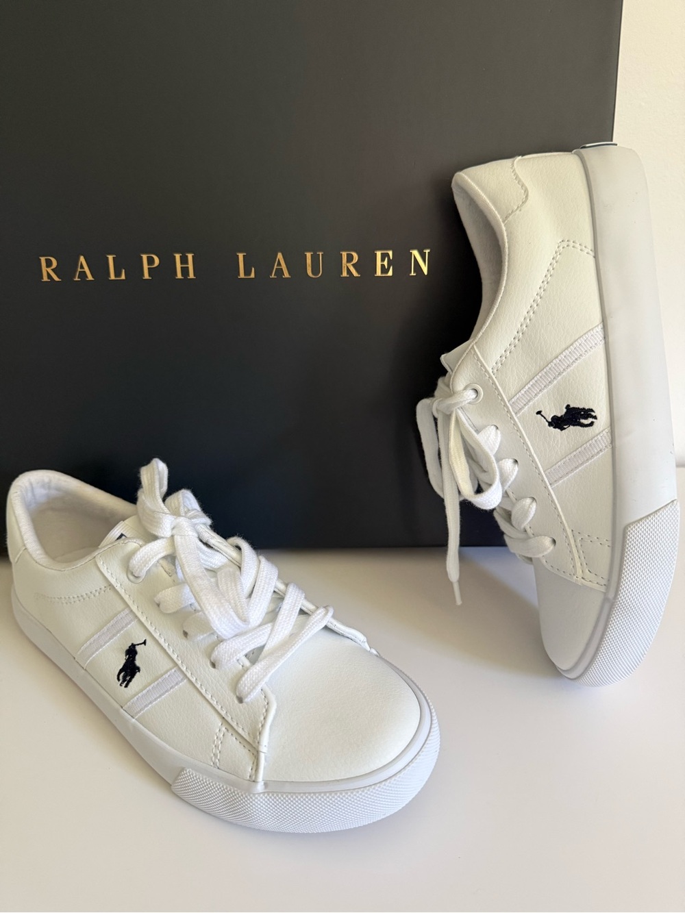 Polo Ralph Lauren Girls White Sneakers Shoes Size 3 New With Box Pony Logo